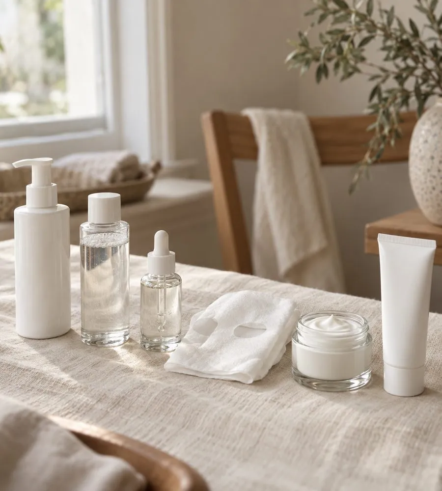 Serum, sheet mask en crème voor een gezichtsbehandeling